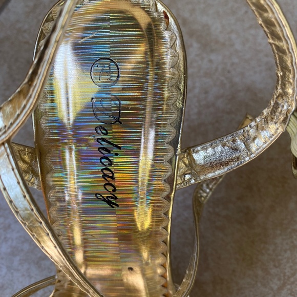 Delicacy Gold Strappy Rhinestone Embellished Bow Tie Open Toe Heels - Picture 8 of 13